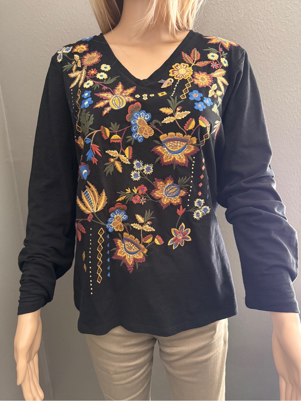 Reba Black V-Neck Long Sleeve Top with Multicolor Floral Embroidery